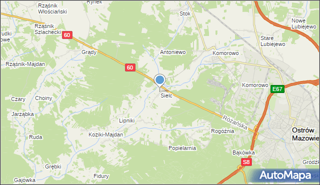 mapa Sielc, Sielc gmina Ostrów Mazowiecka na mapie Targeo